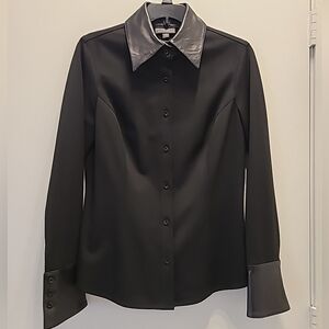 CLASSIQUES ENTIER Vintage Leather Collar And Sleeves Women’s Shirt Size  8